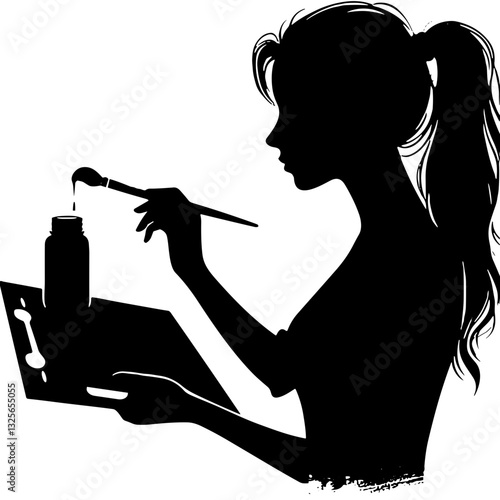 A flowing black and white vector illustration of a woman artist with paintbrush and palette.