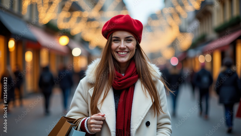 Obraz premium Stylish Winter Shopping in Festive City Lights.