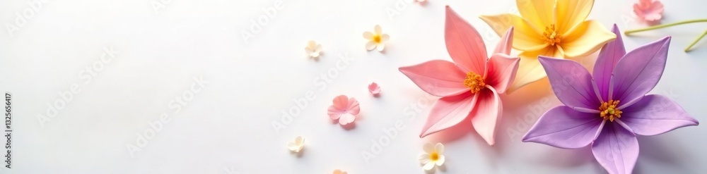 Naklejka premium Delicate kusudama flower in shades of purple and yellow on white background, colors, decorative, flowers