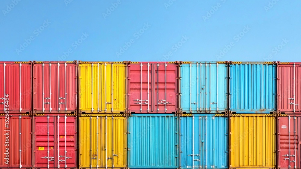 Fototapeta premium Stacked shipping containers of various colors against a blue sky
