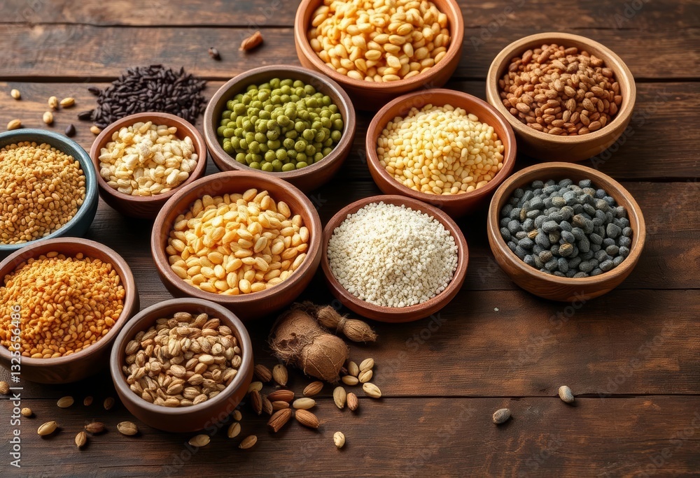 Assortment of grains and seeds in bowls on rustic wooden table, gluten free, pantry Assortment of grains and seeds in bowls on rustic wooden table, gluten free, pantry