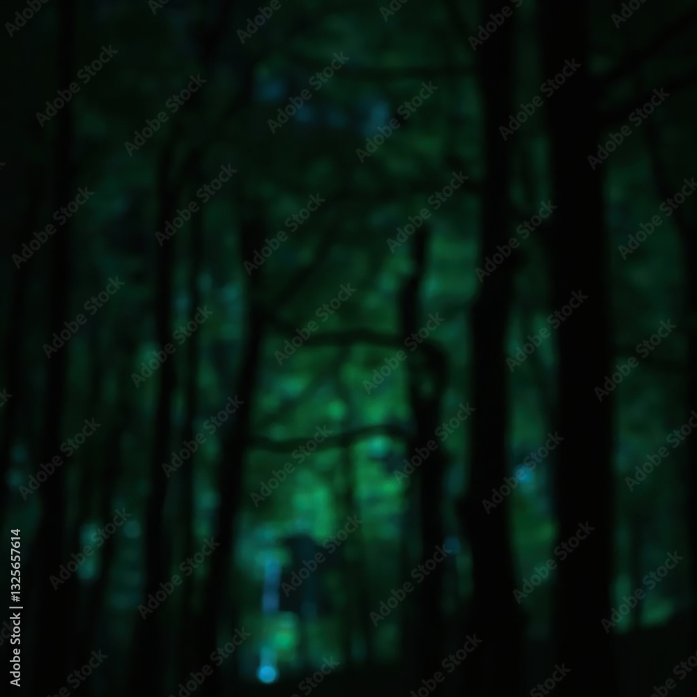 Fototapeta premium Defocused blue-green tones of a forest at night, dark, atmosphere