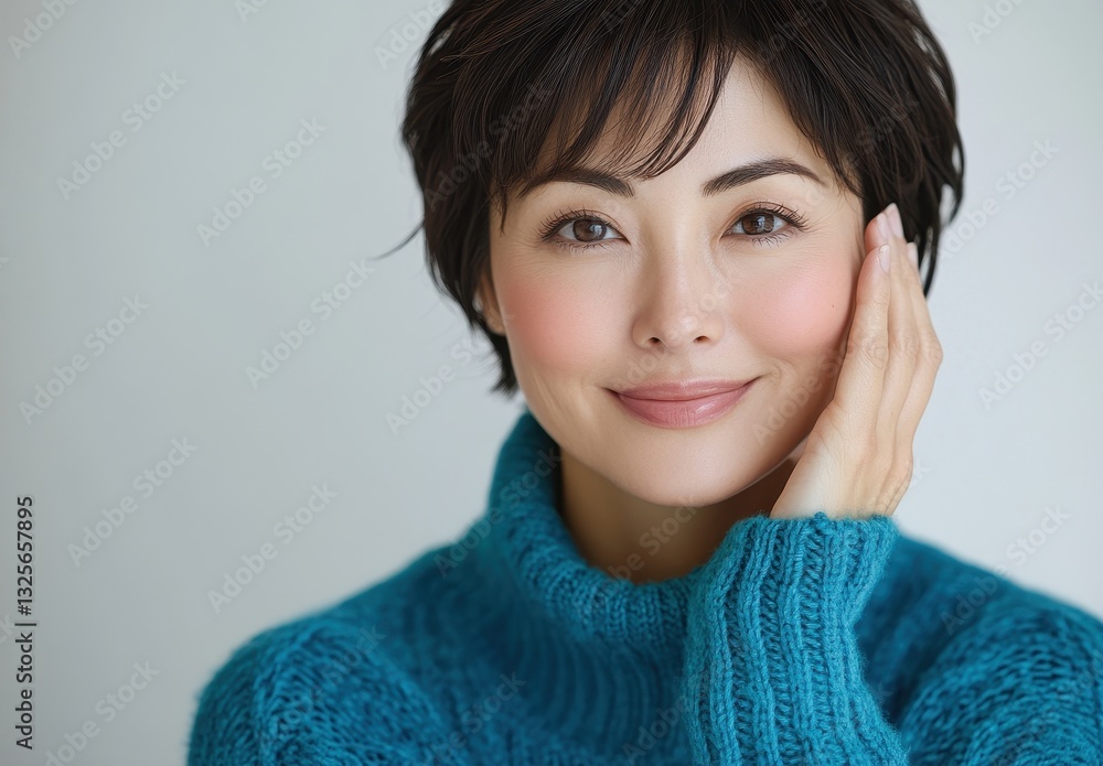 A smiling woman in a blue sweater softly rests her hand on her cheek, conveying warmth and approachability. A smiling woman in a blue sweater softly rests her hand on her cheek, conveying warmth and approachability.