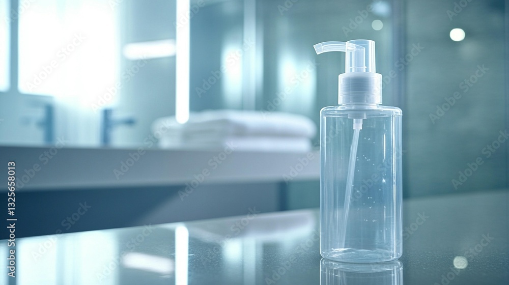 Transparent soap dispenser on bathroom counter. Transparent soap dispenser on bathroom counter.