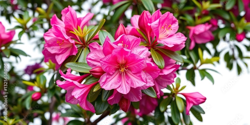 Vibrant pink rhododendron blossom, evergreen foliage, spring bloom on white, garden, pink Vibrant pink rhododendron blossom, evergreen foliage, spring bloom on white, garden, pink