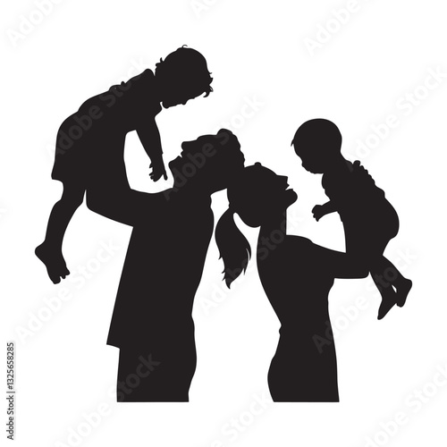 Family mom and dad walking and playing together with kids silhouettes set collection. Parents holding picking up children vector silhouettes.