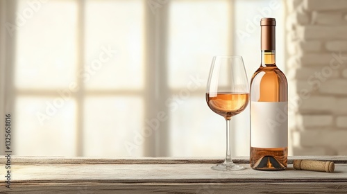 A bottle of rosé wine sits next to a glass of rosé on a rustic wooden surface against a bright window.