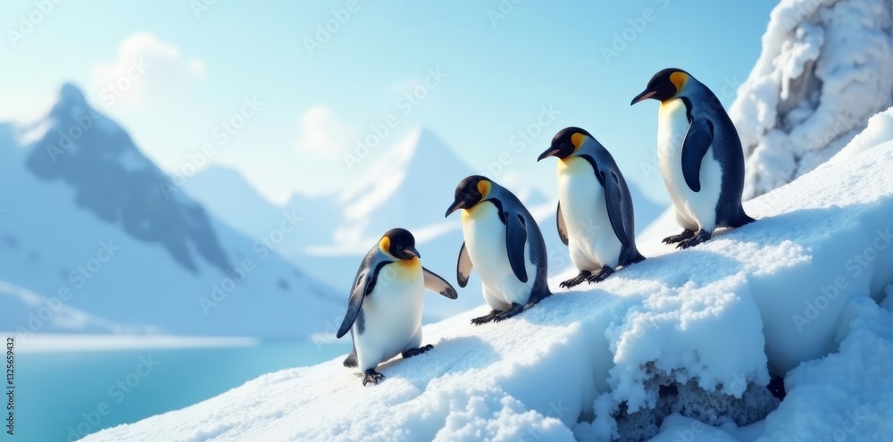 Obraz premium Adorable penguins scaling a snowy hill in unison, penguins, hill