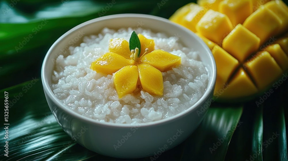 Creamy rice dessert topped with fresh mango slices Creamy rice dessert topped with fresh mango slices