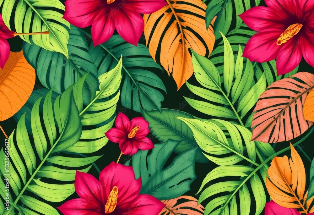 Abstract tropical grunge monstera & palm leaves seamless vector pattern, textured, vibrant, vibrant, style Abstract tropical grunge monstera & palm leaves seamless vector pattern, textured, vibrant, vibrant, style