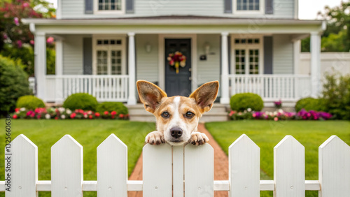 Charming small dog peeking through picket fence in front of real estate home lush garden captivating view