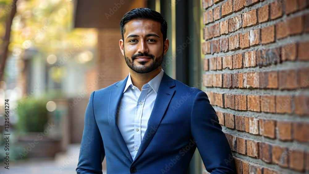 A confident Indian man in a suit stands behind a brick wall. symbolize achievement and professionalism. A confident Indian man in a suit stands behind a brick wall. symbolize achievement and professionalism.