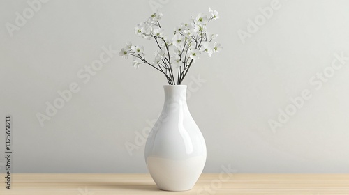 Wallpaper Mural White flowers in a minimalist white vase on a wooden surface against a light grey wall. Torontodigital.ca