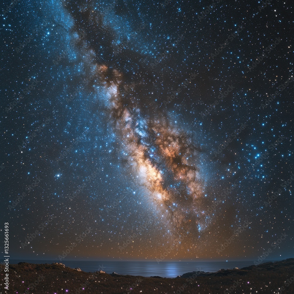 Fototapeta premium A breathtaking starry night sky filled with countless twinkling stars, showcasing a vibrant, swirling galaxy in the distance, radiating hues of purple, blue, and white against the dark canvas.