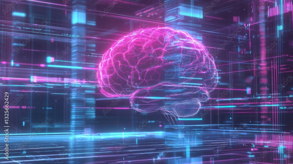 Glowing digital brain model in a futuristic technology environment with abstract data and neural network visualization Concept of intelligence cognitive computing and advanced neuroscience Glowing digital brain model in a futuristic technology environment with abstract data and neural network visualization Concept of intelligence cognitive computing and advanced neuroscience