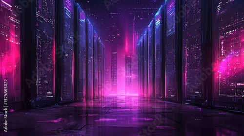 A futuristic technological corridor glowing with vibrant pink and purple hues