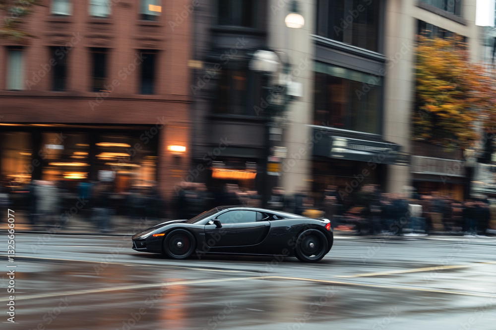 Fototapeta premium Fast black sports car driving through city street rain wet blur road speed urban image motion luxury