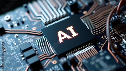 showcases a close-up, detailed view of an AI chip mounted on a circuit board, highlighting the intricate technology within