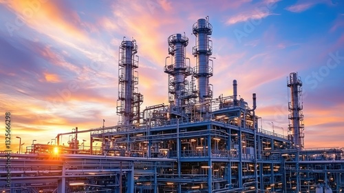 Wallpaper Mural Large industrial facility complex with pipes and tall smokestacks at dusk Torontodigital.ca