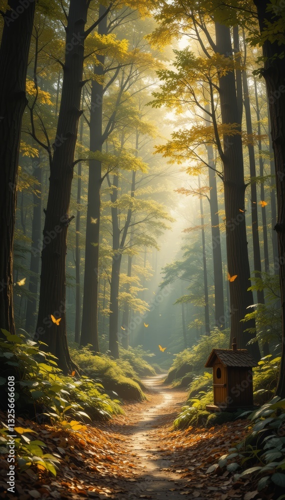 Fototapeta premium Vibrant green forest with sunlight streaming through the canopy