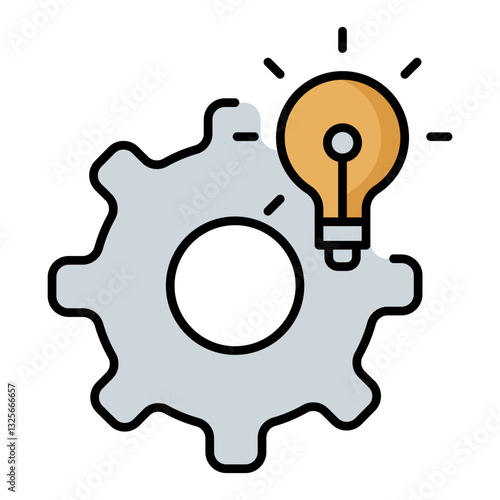 Gear icon with a light bulb representing innovation, creative process, brainstorming, and system improvement