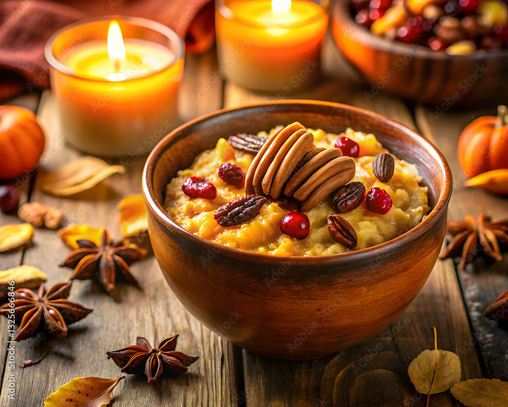 Fototapeta premium Seasonal Pumpkin Quinoa Porridge with Candlelight and Pecan Nuts 
