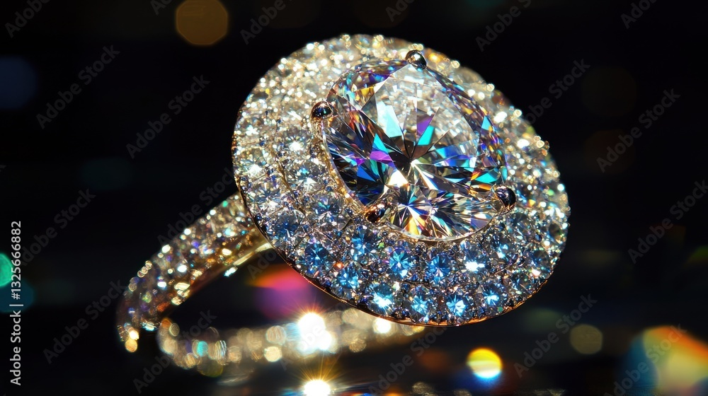 Fototapeta premium Exquisite diamond ring, close-up, dark background, bokeh effect