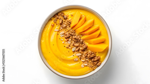 plant-based breakfast vibrant smoothie bowl vibrant smoothie bowl with mango slices, granola, and seeds on white background