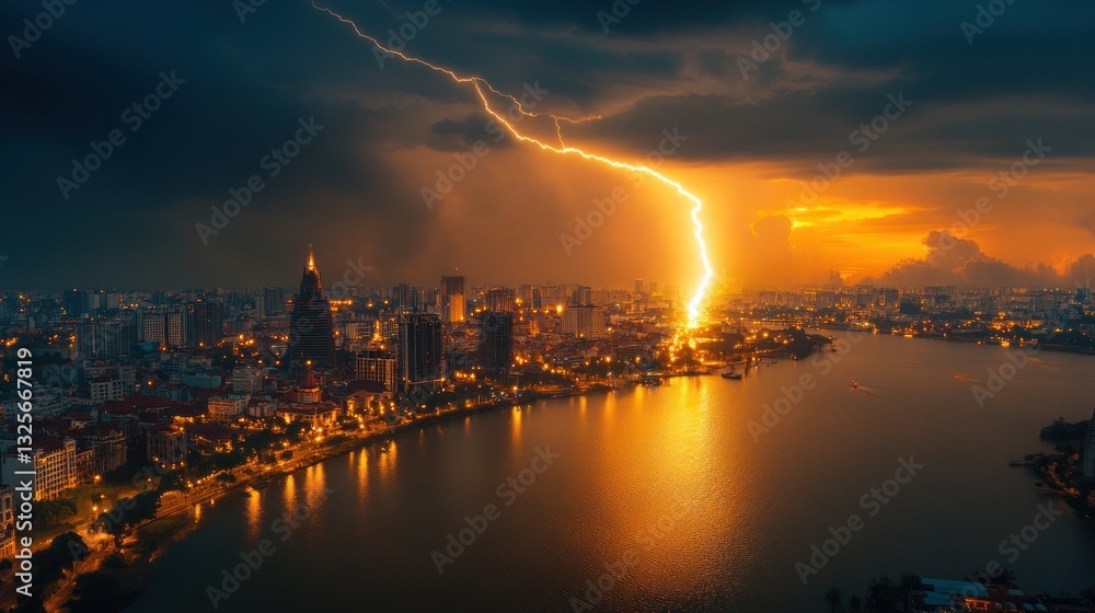 Fototapeta premium A dramatic nighttime lightning strike over a cityscape river