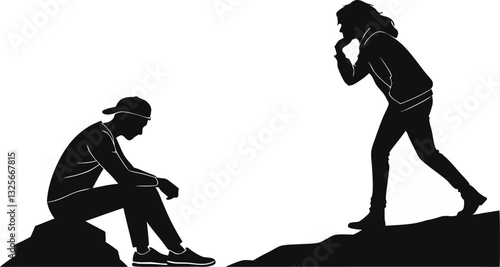 Adobe Illustrator Artwork Silhouette Conversation: Man Seated, Woman Standing Cliff Edge