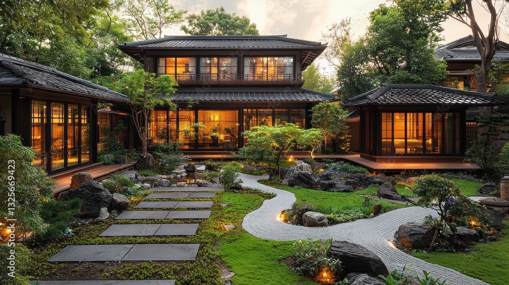 Fototapeta premium Luxurious Japanese-style home with serene garden at dusk.