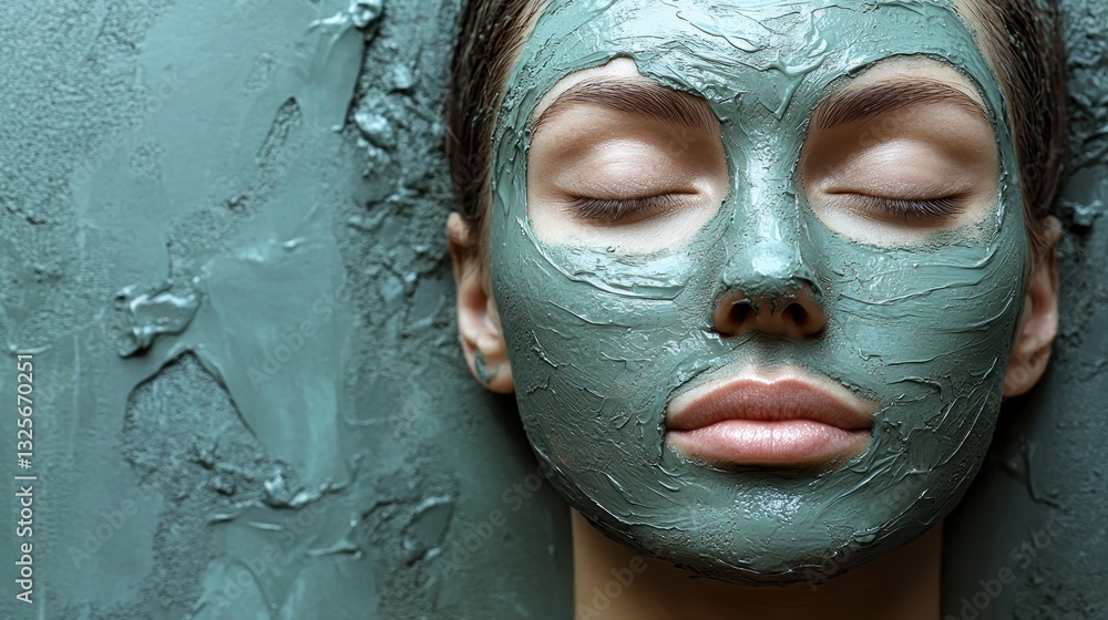 A womans face covered in a green colored facial mask A womans face covered in a green colored facial mask