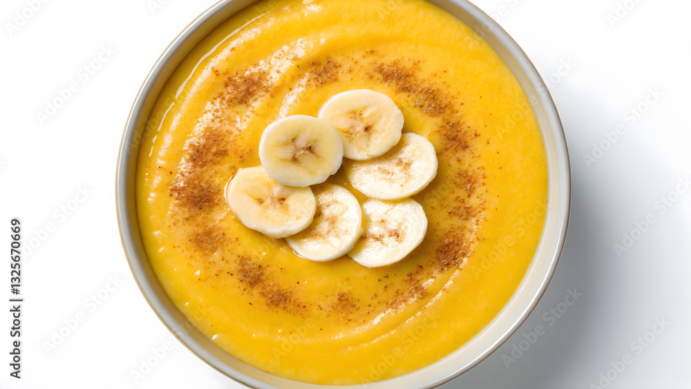 plant-based breakfast vibrant smoothie bowl smooth yellow smoothie bowl with banana slices and dusting of cinnamon plant-based breakfast vibrant smoothie bowl smooth yellow smoothie bowl with banana slices and dusting of cinnamon