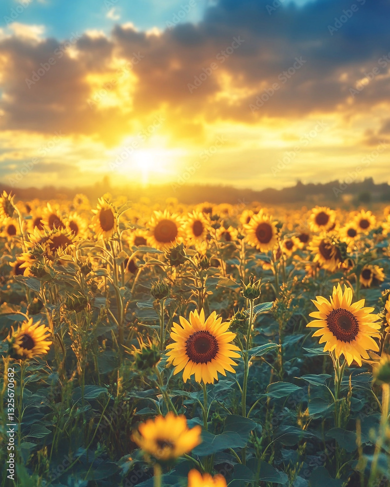 Fototapeta premium Vibrant sunflower field at sunset golden hour summer landscape sky day warm rural image plant bloom