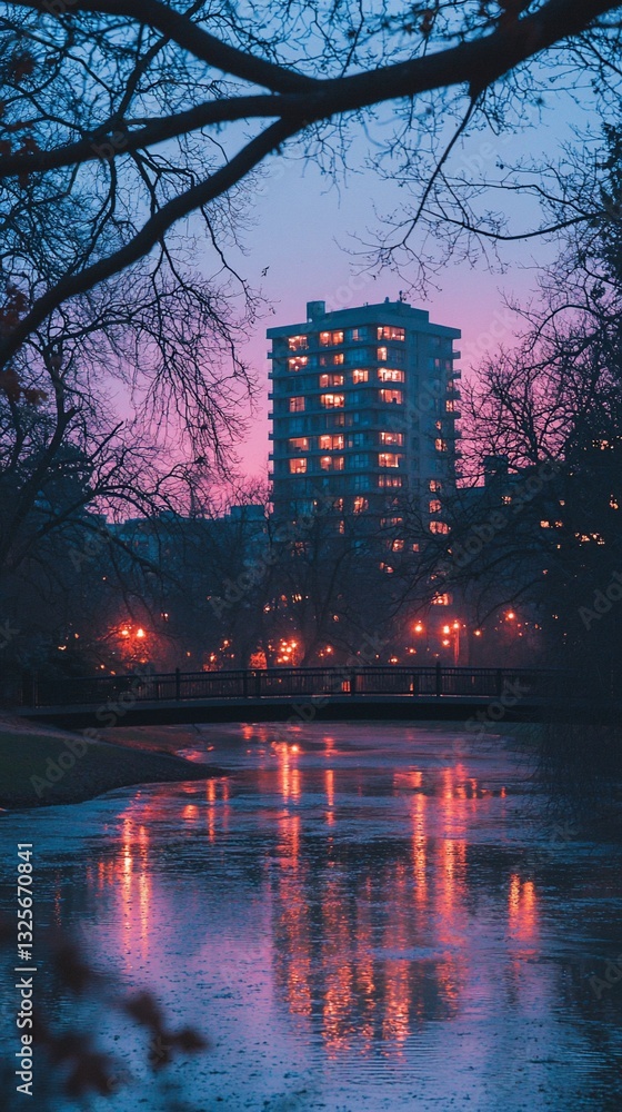 Obraz premium City building reflected in a frozen pond at twilight.