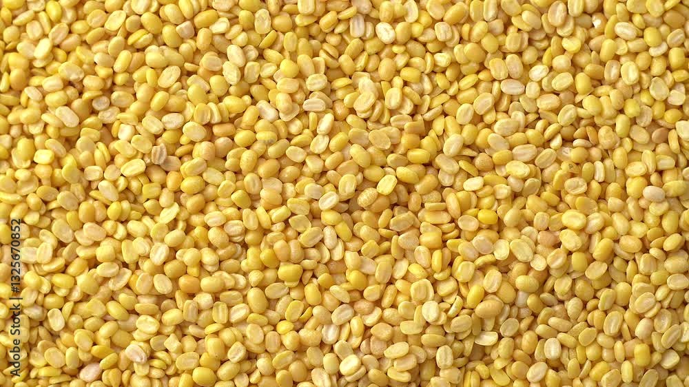 Top view of a rotating pile of raw skinned green gram beans under bright light Top view of a rotating pile of raw skinned green gram beans under bright light