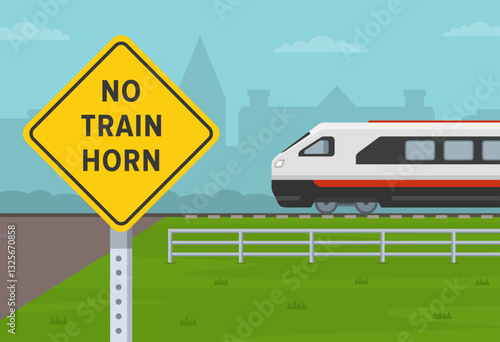 Safe driving tips and traffic regulation. Close-up view of a "no train horn" road sign. Train is approaching the railway crossing. Flat vector illustration template.