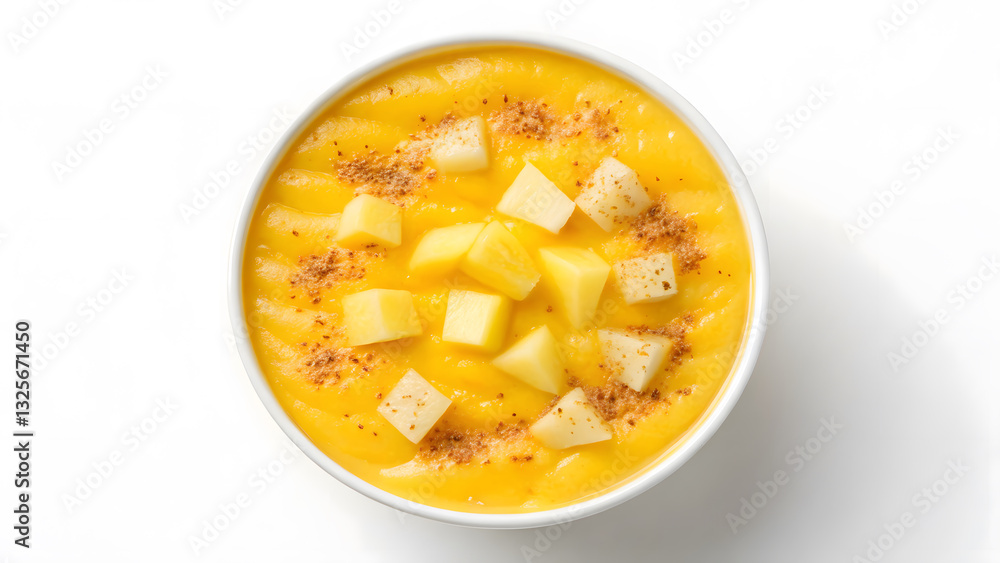 plant-based breakfast vibrant smoothie bowl vibrant tropical yellow smoothie bowl topped with pineapple chunks and sprinkle of spice plant-based breakfast vibrant smoothie bowl vibrant tropical yellow smoothie bowl topped with pineapple chunks and sprinkle of spice