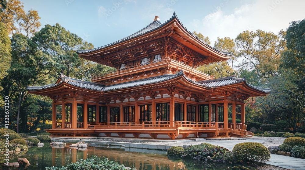 Wooden pagoda in a serene Japanese garden. Wooden pagoda in a serene Japanese garden.