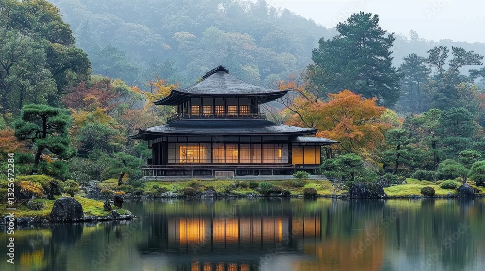 Illuminated Japanese pagoda reflected in calm pond at autumn. Illuminated Japanese pagoda reflected in calm pond at autumn.