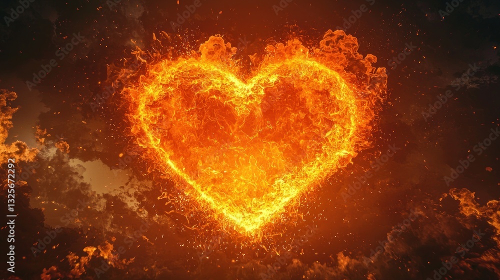 A burning heart shape created with bright fiery flames in space A burning heart shape created with bright fiery flames in space