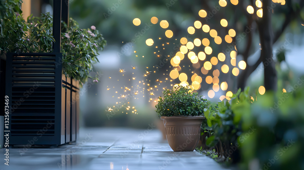 Fototapeta premium A nighttime outdoor scene featuring plants and decorative lighting