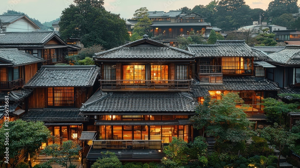 Fototapeta premium Illuminated traditional Japanese houses at dusk.
