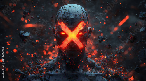 Pixelated Figure With Glowing Red X On Face Set Against A Dark Backdrop With Floating Particles