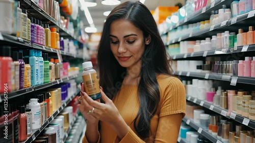 Woman shopping for skincare products in a beauty store aisle
