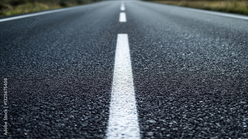 Close-Up View of a Straight Asphalt Road with Center Line Markings and Natural Surroundings in Soft Focus Ideal for Travel and Adventure Themes Close-Up View of a Straight Asphalt Road with Center Line Markings and Natural Surroundings in Soft Focus Ideal for Travel and Adventure Themes