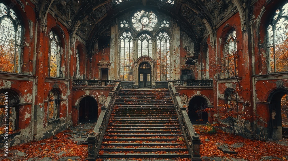 Obraz premium Autumn leaves cover the grand staircase of a decaying, red-brick mansion's interior.