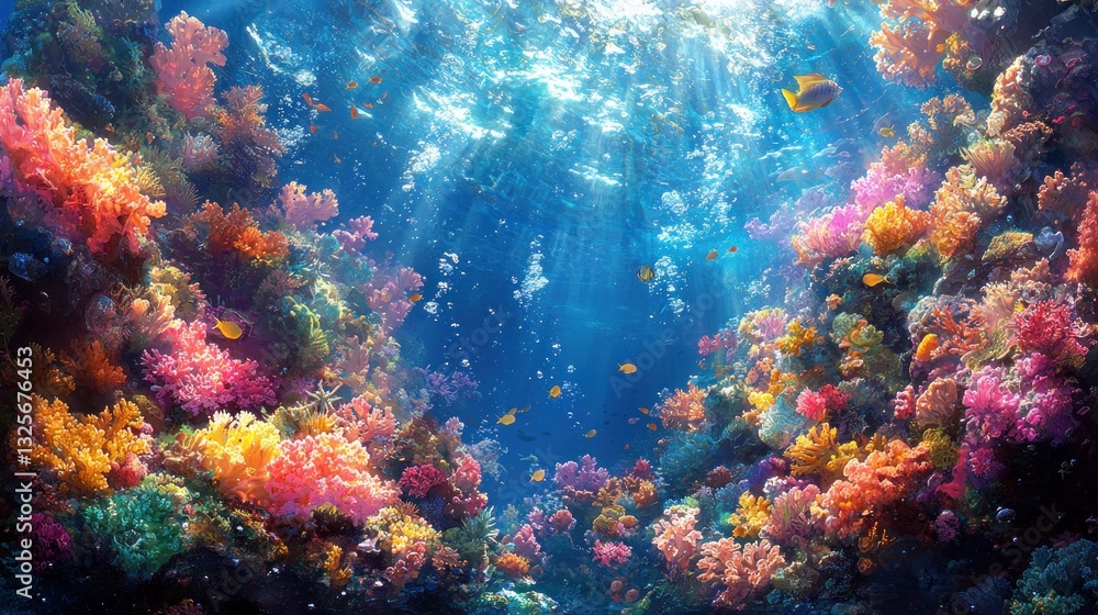 Fototapeta premium Vibrant coral reef teeming with colorful fish and sunlight. (2)