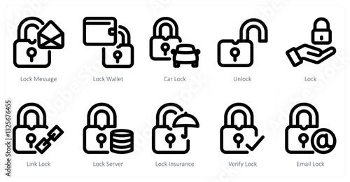 A set of 10 micro icons as lock message, lock wallet, car lock