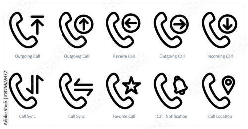 A set of 10 micro icons as outgoing call, receive call, incoming call